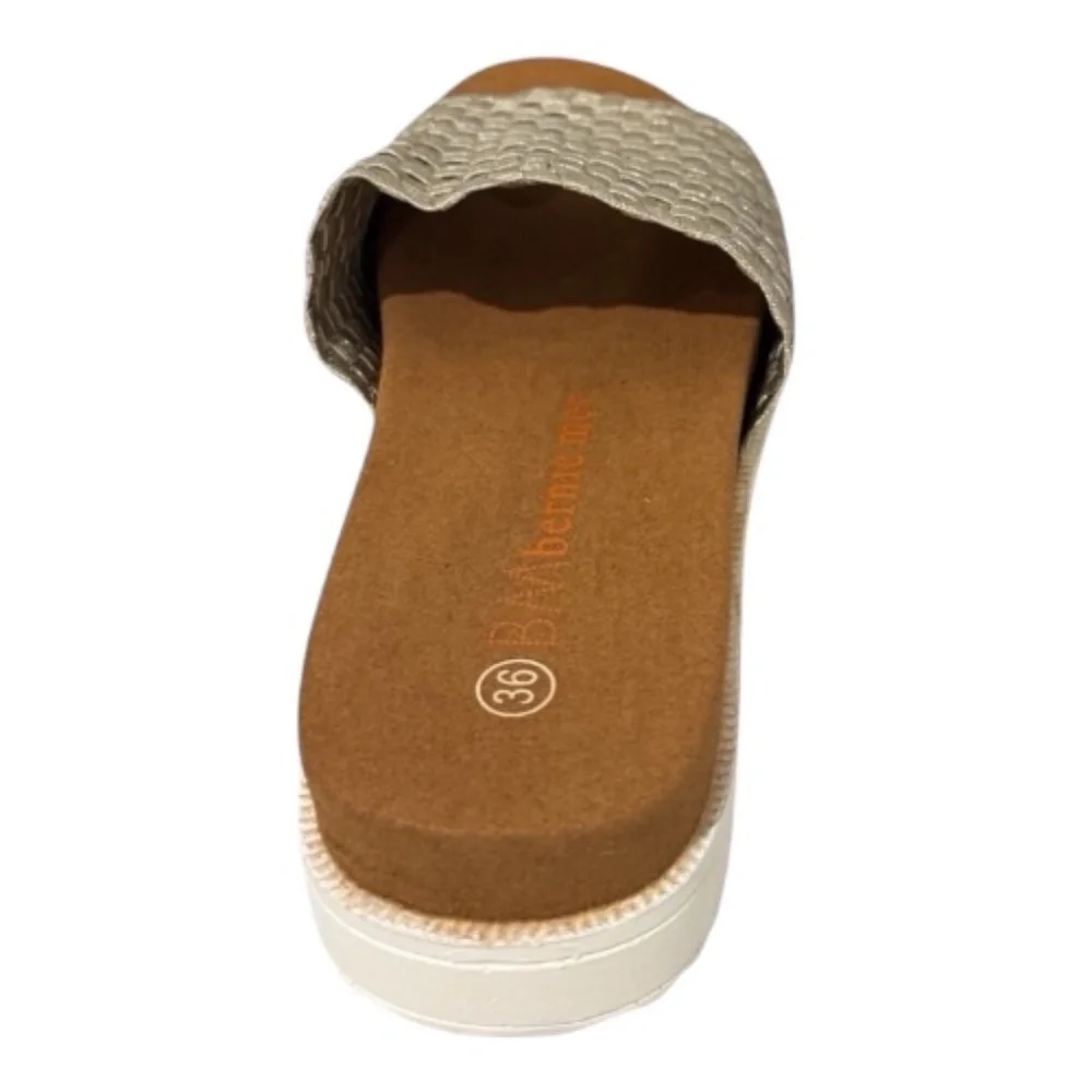 bernie mev. Cream Woven Slide Sandal with Brown Footbed